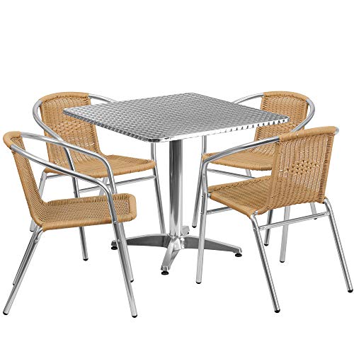 F&F Furniture Group Set of 5 Gray Aluminum Square Patio Table Set with Beige Rattan Stackable Chairs 315