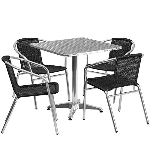 F&F Furniture Group Set of 5 Gray Aluminum Square Patio Table Set with Black Rattan Stackable Chairs 29