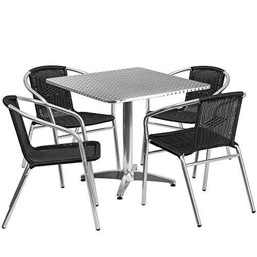 F&F Furniture Group Set of 5 Gray Aluminum Square Patio Table Set with Black Rattan Stackable Chairs 315