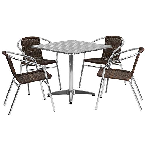 F&F Furniture Group Set of 5 Gray Aluminum Square Patio Table Set with Dark Brown Rattan Stackable Chairs 315