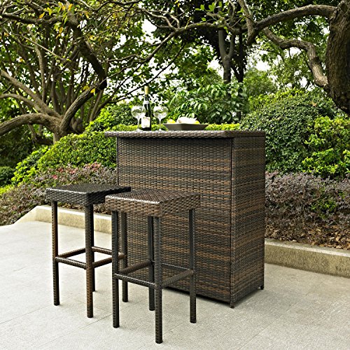 Crosley KO70009BR 3-Piece Palm Harbor Outdoor Wicker Bar Set with Bar and Two Stools Brown