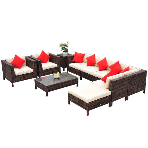 Outsunny 9-Piece Outdoor PE Rattan Wicker Sectional Patio Sofa Chair Set