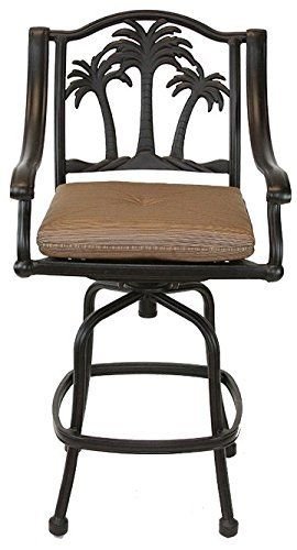 Palm Tree Outdoor Patio Set 8pc Swivel Barstools 30 H Dark Bronze Cast Aluminum Walnut Cushions