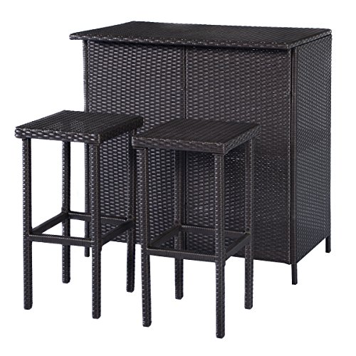 Tangkula 3pcs Rattan Wicker Bar Set Patio Outdoor Tableamp 2 Stools Furniture