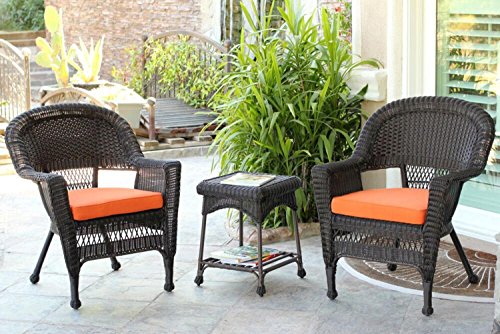 3-Piece Espresso Wicker Patio Chairs and End Table Furniture Set - Orange Cushions