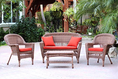 4-Piece Honey Wicker Patio Chairs Loveseat Table Furniture Set - Red-Orange Cushions