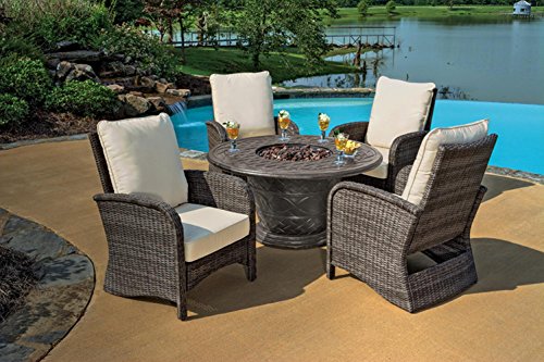 5-Piece Portico Wicker Patio Chair and Cast Aluminum Gas Fire Pit Outdoor Furniture Set - Beige Cushions