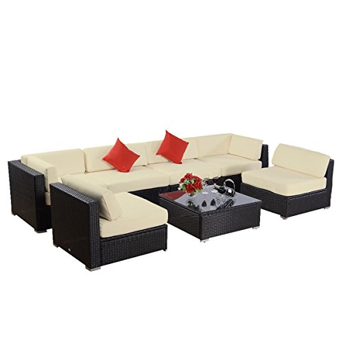 7pcs Polar Aurora Outdoor Patio Furniture Rattan Wicker Sectional Sofa Chair Couch Set Deluxe Black