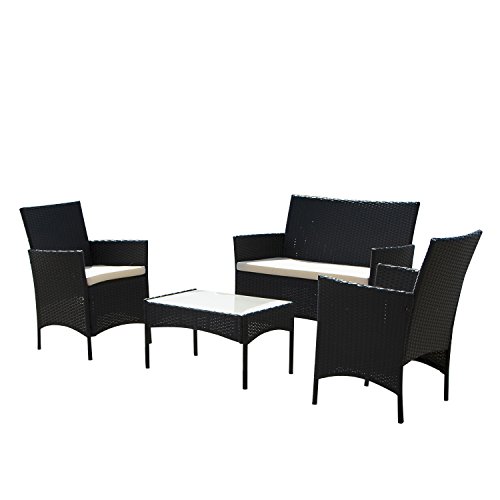Sliverylake 4 PC Patio Rattan Wicker Chair Table Set Outdoor Garden Furniture with Cushioned