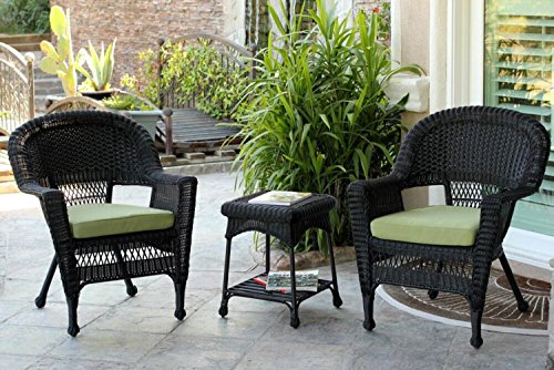 3-Piece Black Resin Wicker Patio Chairs and End Table Furniture Set - Green Cushions
