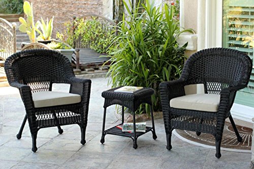 3-Piece Black Resin Wicker Patio Chairs and End Table Furniture Set - Tan Cushions