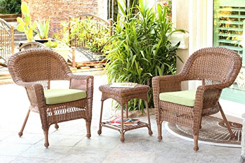 3-Piece Honey Brown Resin Wicker Patio Chairs and End Table Furniture Set - Green Cushions