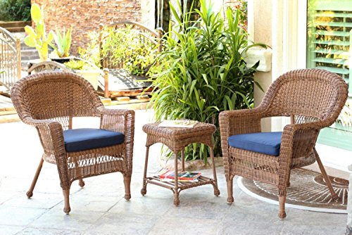 3-Piece Honey Resin Wicker Patio Chairs and End Table Furniture Set - Blue Cushions