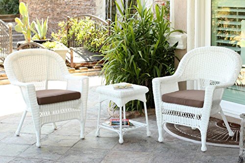 3-Piece White Resin Wicker Patio Chairs and End Table Furniture Set - Brown Cushions