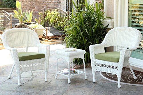 3-Piece White Resin Wicker Patio Chairs and End Table Furniture Set - Green Cushions