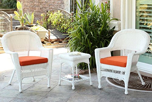 3-Piece White Resin Wicker Patio Chairs and End Table Furniture Set - Orange Cushions