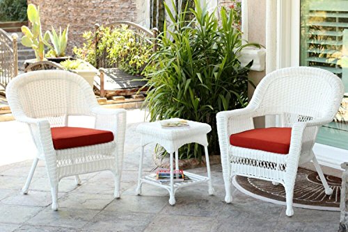 3-Piece White Resin Wicker Patio Chairs and End Table Furniture Set - Red Cushions