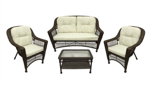 4-pc Somerset Dark Brown Resin Wicker Patio Loveseat Chairsamp Table Furniture Set - Cream Cushions