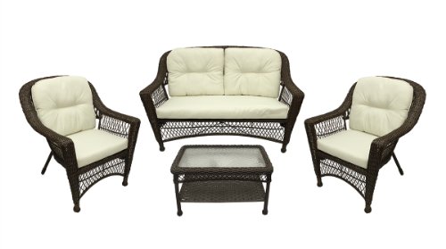 4-pc Somerset Dark Brown Resin Wicker Patio Loveseat Chairsamp Table Furniture Set - Cream Cushions