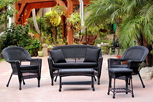 5-Piece Black Resin Wicker Patio Chair Loveseat Table Furniture Set - Black Cushions