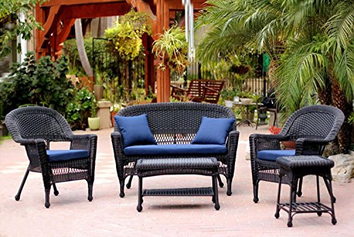 5-Piece Black Resin Wicker Patio Chair Loveseat Table Furniture Set - Blue Cushions