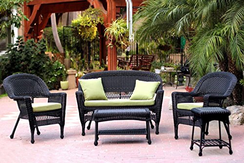 5-Piece Black Resin Wicker Patio Chair Loveseat Table Furniture Set - Green Cushions