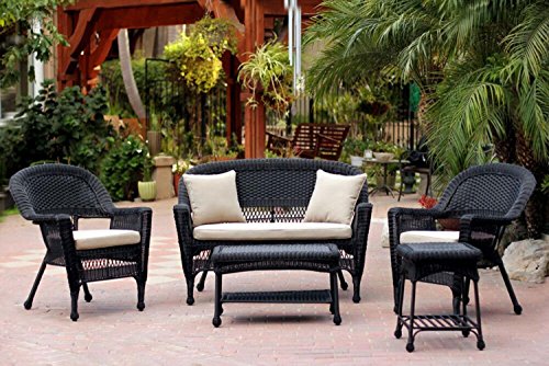 5-Piece Black Resin Wicker Patio Chair Loveseat Table Furniture Set - Tan Cushions