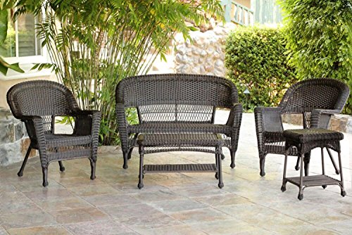 5-Piece Espresso Resin Wicker Patio Chairs Loveseat and End Table Furniture Set