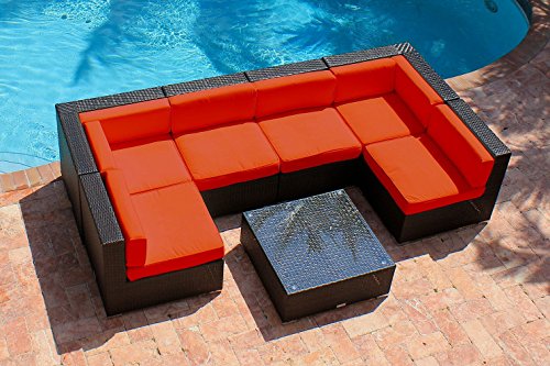 7 Piece Outdoor Patio Furniture Modern Sofa Couch Sectional Modular Set - Akoya Wicker Collection red