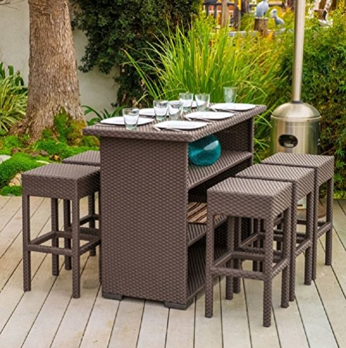 Christopher Knight Home Outdoor Patio Collection Milton Durable Wicker Bar Set with Storage Shelves 7 piece Brown