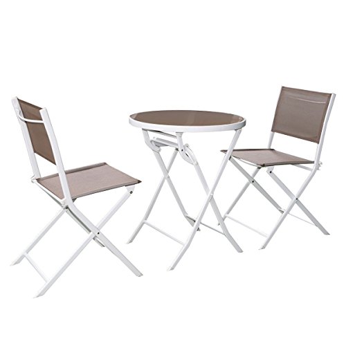 3 PC Folding Brown Bistro Set Outdoor Garden Table Chairs Patio Furniture Steel