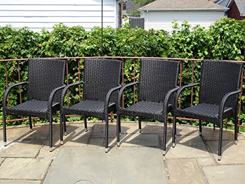 Patio Resin Outdoor Garden Deck Wicker Arm Chair Black Color Set of 4