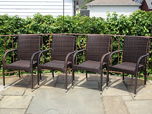 Patio Resin Outdoor Garden Deck Wicker Arm Chair Dark Brown Color Set of 4