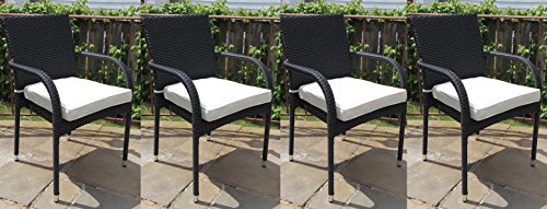 Patio Resin Outdoor Garden Deck Wicker Arm Chair with Thick Cushion Black Color Set of 4