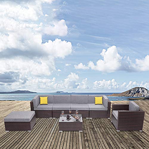 7 PCS Patio PE Rattan Wicker Sofa Set Outdoor Garden Furniture Chair Set with Cushions and Tea Table Brown