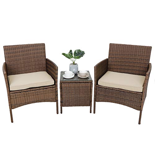 SUPER DEAL 3 Pieces All Weather Patio Conversation Furniture Set Outdoor Wicker Chairs with Table for Garden Backyard Lawn Porch Pool