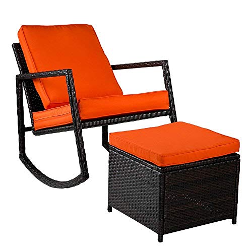 Simply-Me 2 Pieces Rattan Patio Furniture Rattan Sofa Chair Set All Weather Garden Pool Indoor Outdoor Sofa Rattan Rocker Chair Wicker Conversation Set with Orange Cushions and Cushioned Ottoman