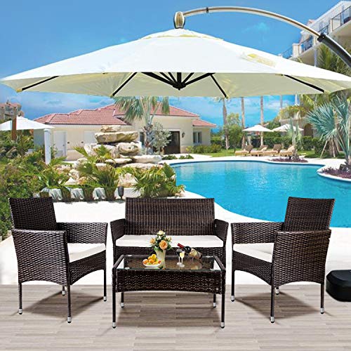 YFZYT Outdoor Patio Furniture Sets 4-Piece Rattan Patio Furniture Chairs Tempered Glass Tabletop Wicker Conversation Set with Seat Cushions Garden Lawn Pool Backyard Outdoor Sofa Dark Brown