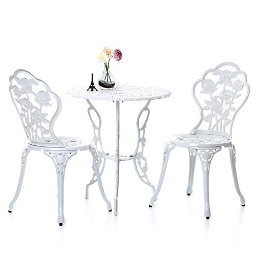 IKAYAA 3PCS Modern Patio Furniture Outdoor Garden Bistro Set Iron Aluminum Balcony Cafe Table Chairs Set Rose Design White