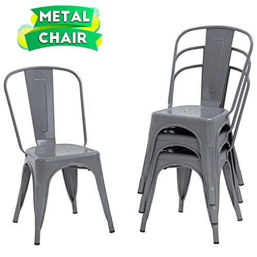 FDW Dining Set of 4 Indoor Outdoor Patio Furniture Kitchen Metal 18 Inch Seat Height 330LBS Weight Capacity Restaurant Stackable Tolix Side Bar Chairs Gray