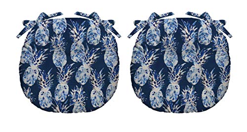RSH Décor Indoor Outdoor Patio Furniture Set of 2 Tufted Bistro Round Chair Seat Cushion Pads with Ties ~ Available in 4 Sizes Various Fabrics - 14 Oahu Indigo Blue Pineapple