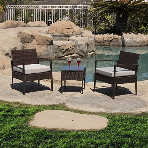 Belleze 3 Pc Rattan Patio Furniture Set Wicker Garden Lawn Chair Cushioned Seat Coffee Table Brown