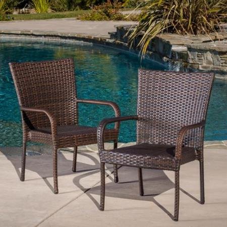 Christopher Knight Home Outdoor Pe Wicker Brown Weather Resistant Stackable Club Patio Chairs Set of 2 Comfortable and Durable Outdoor Pe Wicker Arm Chairs Brown Finish