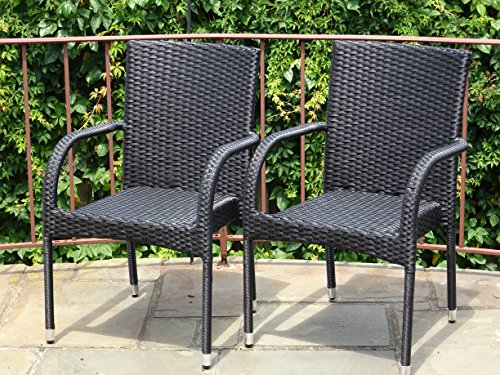 Patio Resin Outdoor Garden Deck Wicker Arm Chair Black Color Set of 2