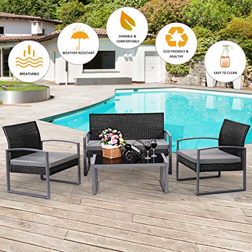 HAPPYGRILL 4pcs Outdoor Garden Patio Furniture Rattan Wicker Conversation Set Lawn Table and Chair Set