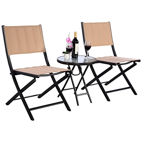Heize best price Set of 3 Pcs Outdoor Round Bistro Patio Folding Table Chair Set Garden Lawn Table Living Room Coffee End Tea Table Side Table Chair Furniture US Stock