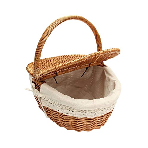 Home Garden Outdoors Picnic Baskets Natural Willow Wicker Oval Portable Picnic Baskets Hamper with Lid Handle and White Liner Camping Travel Shopping Storage Baskets Patio Lawn Tables Picnic Baskets