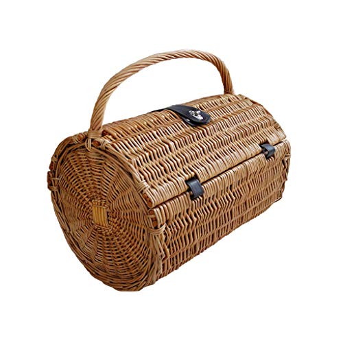 Home Garden Outdoors Picnic Baskets Portable Woven Wicker Picnic Baskets for 2 Person Fitted Barrel with Lid Travel Camping Shopping Fruit Storage Gift Baskets Patio Lawn Tables Picnic Baskets