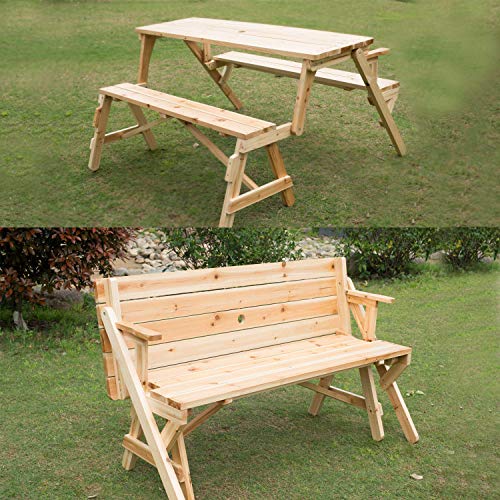 Outdoor Patio Garden Backyard Camping BBQ 2-In-1 Convertible Design Sturdy Fir Wood Compact Picnic Table Relax Comfort Deck Lawn Bench Classic Furniture Decor Portable Folding Umbrella Hole