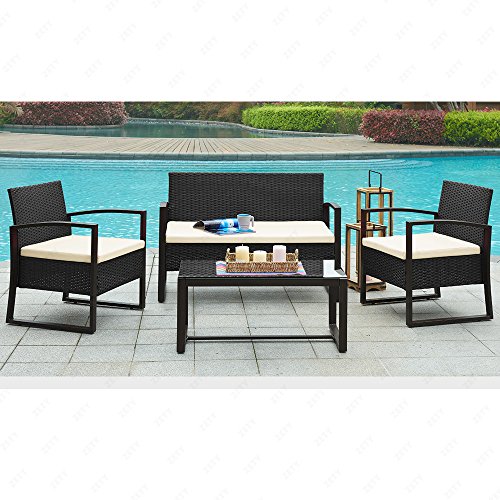URattan 4PC Wicker Patio Furniture Set Sofa Table Cushioned Lawn Garden Outdoor Black